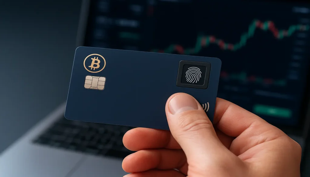 Close-up of a biometric crypto card with Bitcoin symbol and fingerprint sensor, held in front of a crypto trading screen.