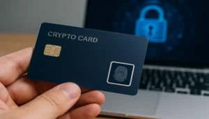 A person holding a biometric crypto card with a fingerprint sensor in front of a laptop showing a digital security lock symbol.