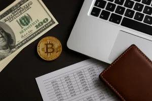 Arrangement of a Bitcoin coin, US dollars, and a laptop on a desk, symbolizing digital asset loans and crypto-backed finance.