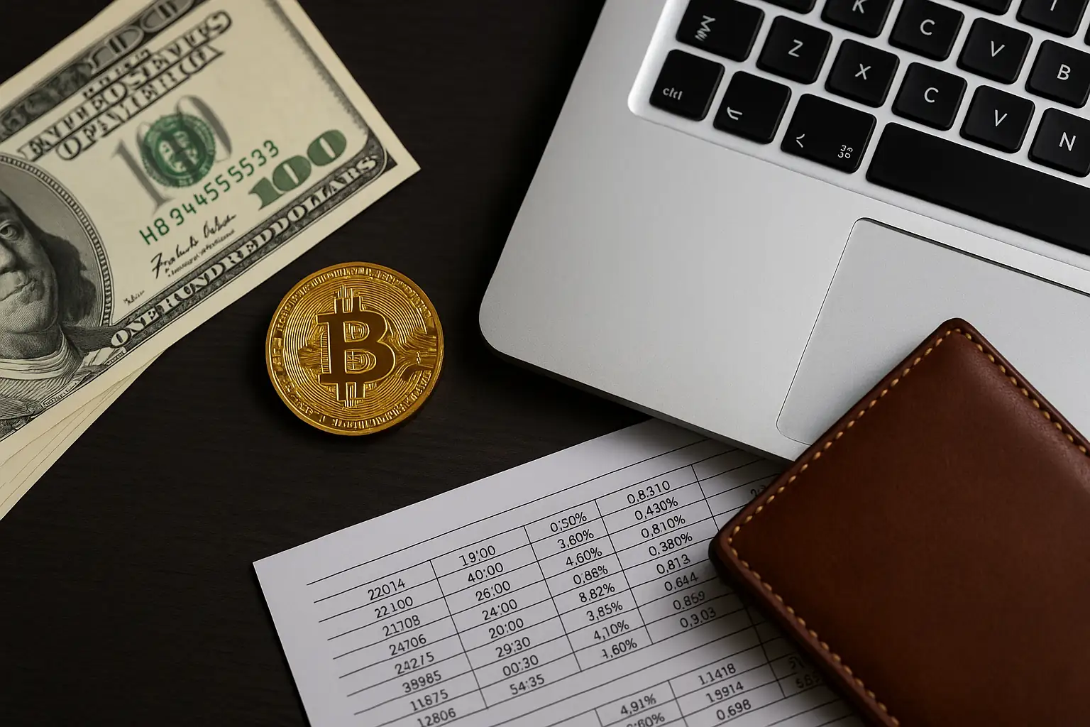 Arrangement of a Bitcoin coin, US dollars, and a laptop on a desk, symbolizing digital asset loans and crypto-backed finance.