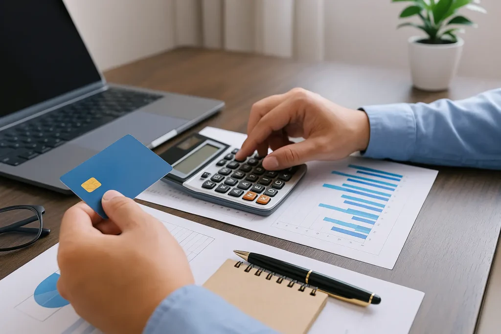 A person using corporate credit cards for small businesses while calculating expenses with a laptop and financial reports on the desk.