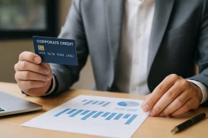 A business professional holding corporate credit cards for small businesses and reviewing financial charts in an office setting.