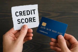 A person holding a blue credit card and a piece of paper, illustrating the use of credit cards to rebuild credit.