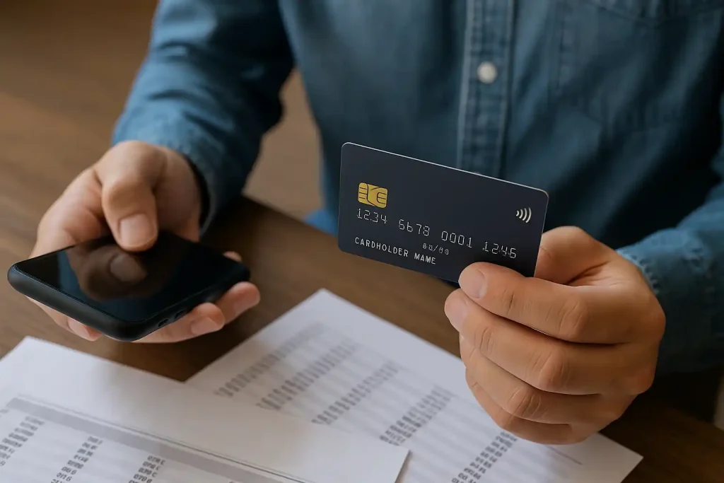 Hands holding a credit card and smartphone over financial documents, representing responsible use of credit cards to rebuild credit.
