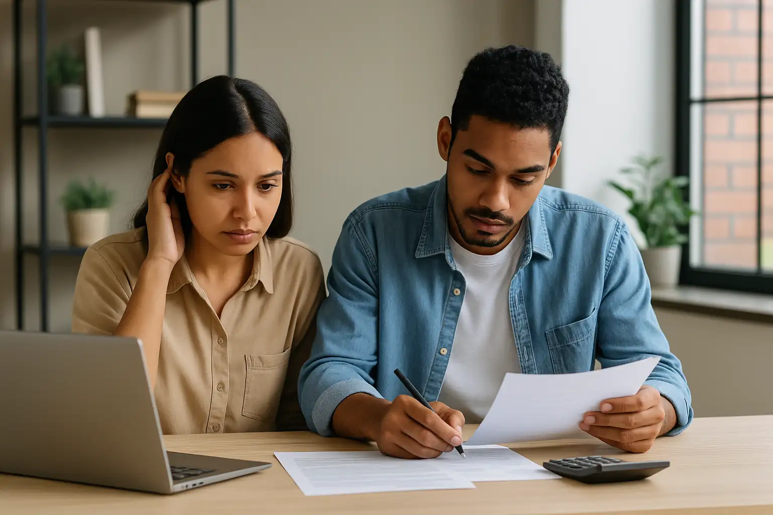 A young immigrant couple reviewing financial documents at home, symbolizing the challenge of accessing loans in the US without credit history.