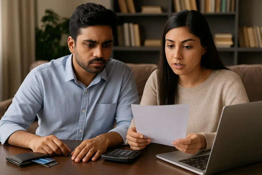 A South Asian immigrant couple discussing finances with documents and a laptop, representing newcomers seeking loans in the US without prior credit history.