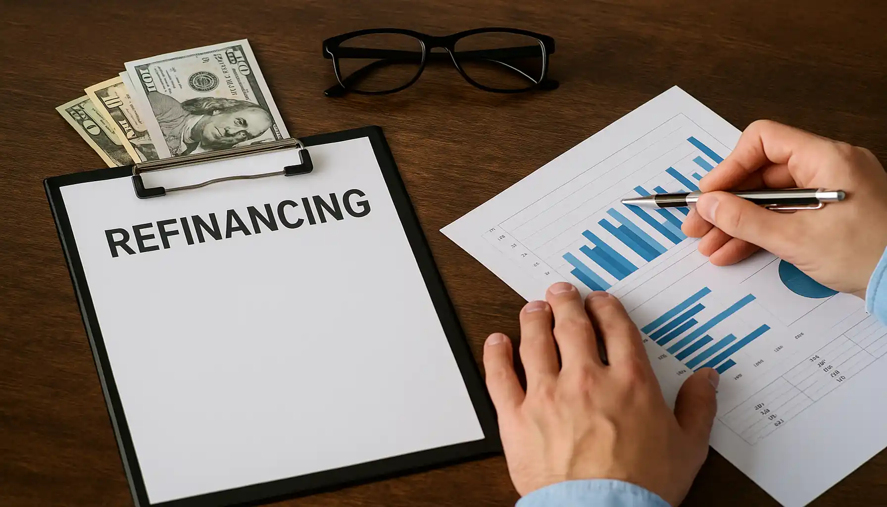 Hands analyzing financial charts and documents related to loan refinancing, with dollar bills and a clipboard on a wooden desk.