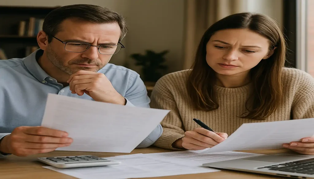 Couple discussing loan refinancing options at home, reviewing documents with a laptop and calculator on the table.