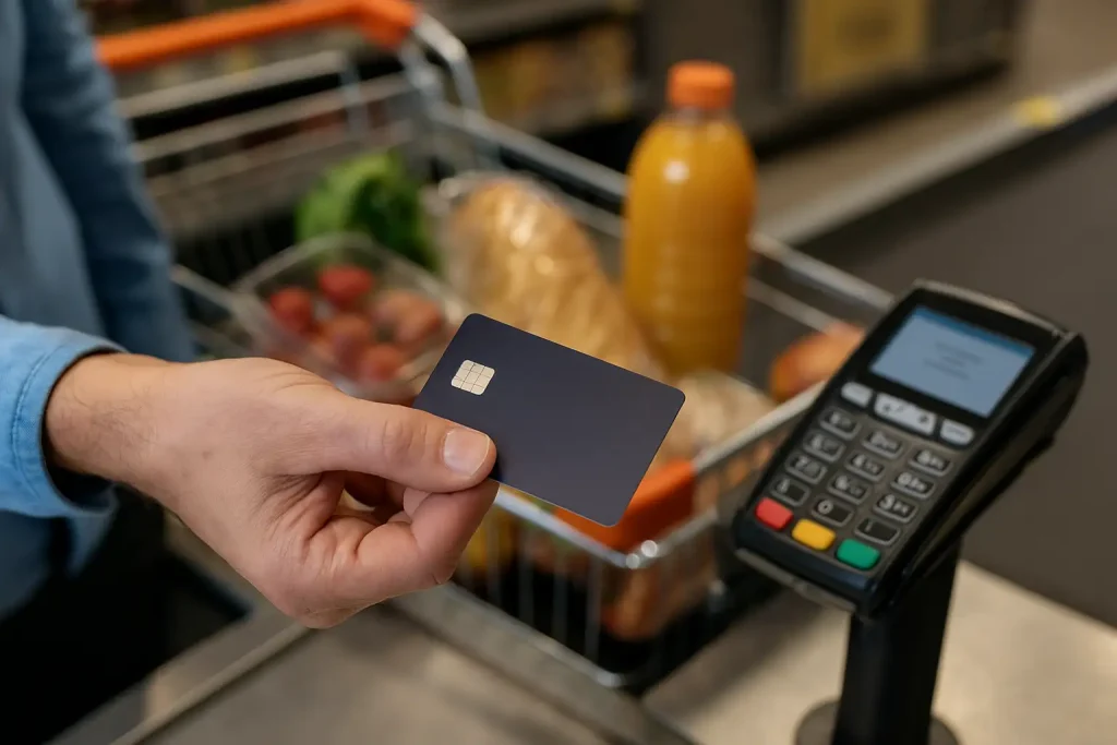 A close-up of a credit card being used at a grocery store checkout with a cart full of food items, illustrating everyday savings on groceries and gas using credit cards.