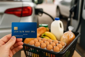 A person holding a credit card while shopping for groceries at a US supermarket checkout, symbolizing savings on groceries and gas with credit cards.