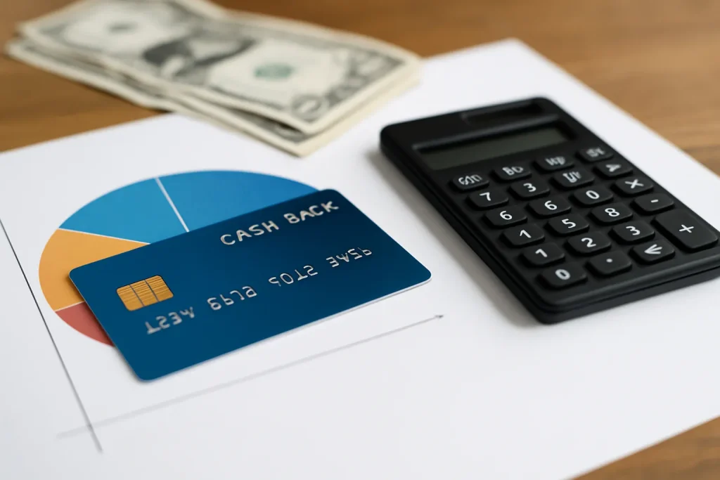 Blue cashback credit card placed on a financial chart with a calculator and US dollar bills, representing strategies to maximize rewards.