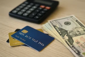 Close-up of cashback credit cards on a wooden table with US dollar bills and a calculator, symbolizing smart financial management.