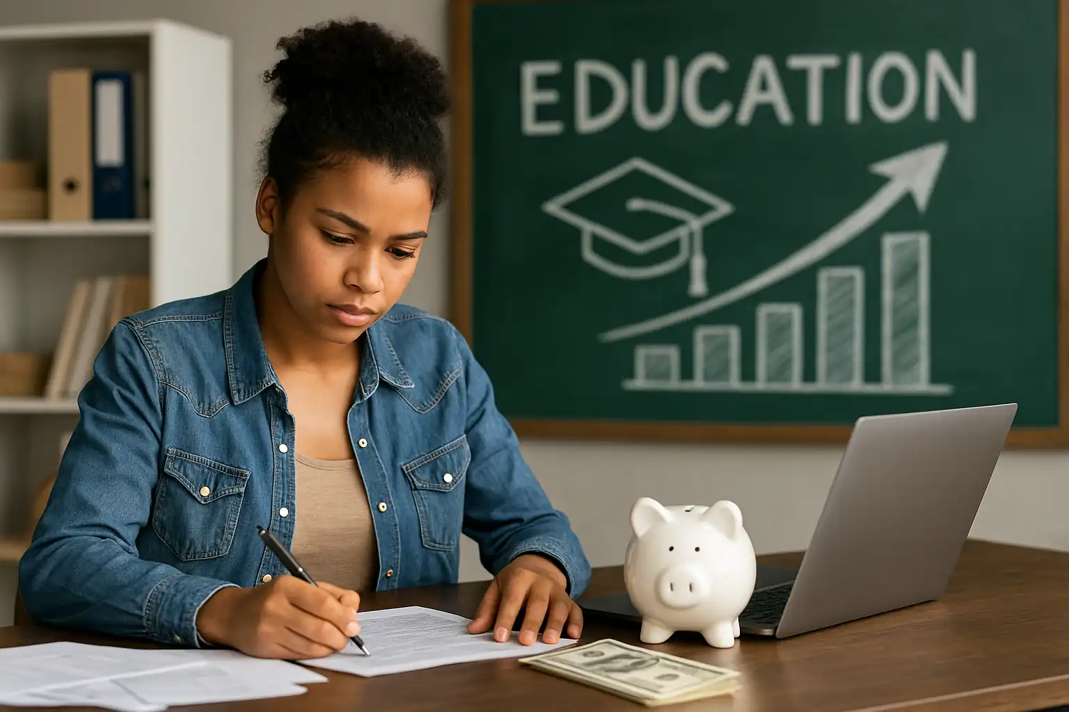 Young student managing finances at home with laptop and documents, representing changes in educational credit and alternatives to student loans.