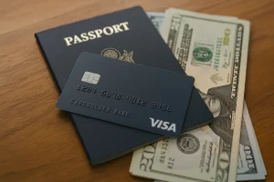 Close-up of a flexible loyalty program credit card placed on top of a U.S. passport and dollar bills, symbolizing travel rewards.