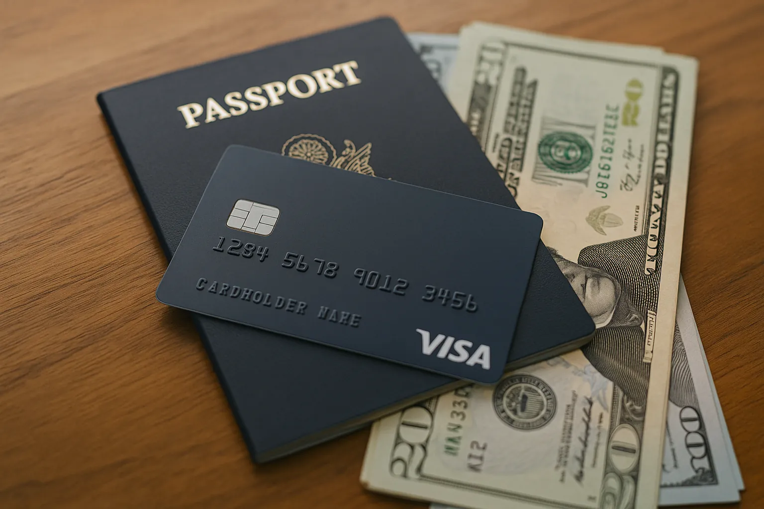 Close-up of a flexible loyalty program credit card placed on top of a U.S. passport and dollar bills, symbolizing travel rewards.