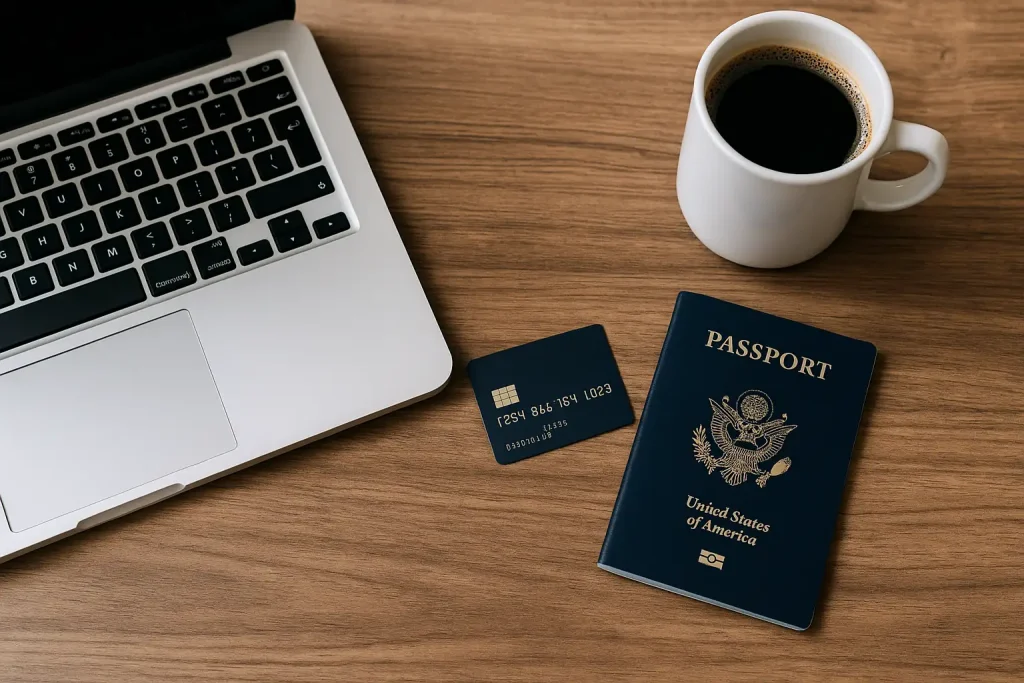 Top-down view of a workspace with a laptop, coffee, passport, and a flexible loyalty program credit card, representing travel planning and rewards.