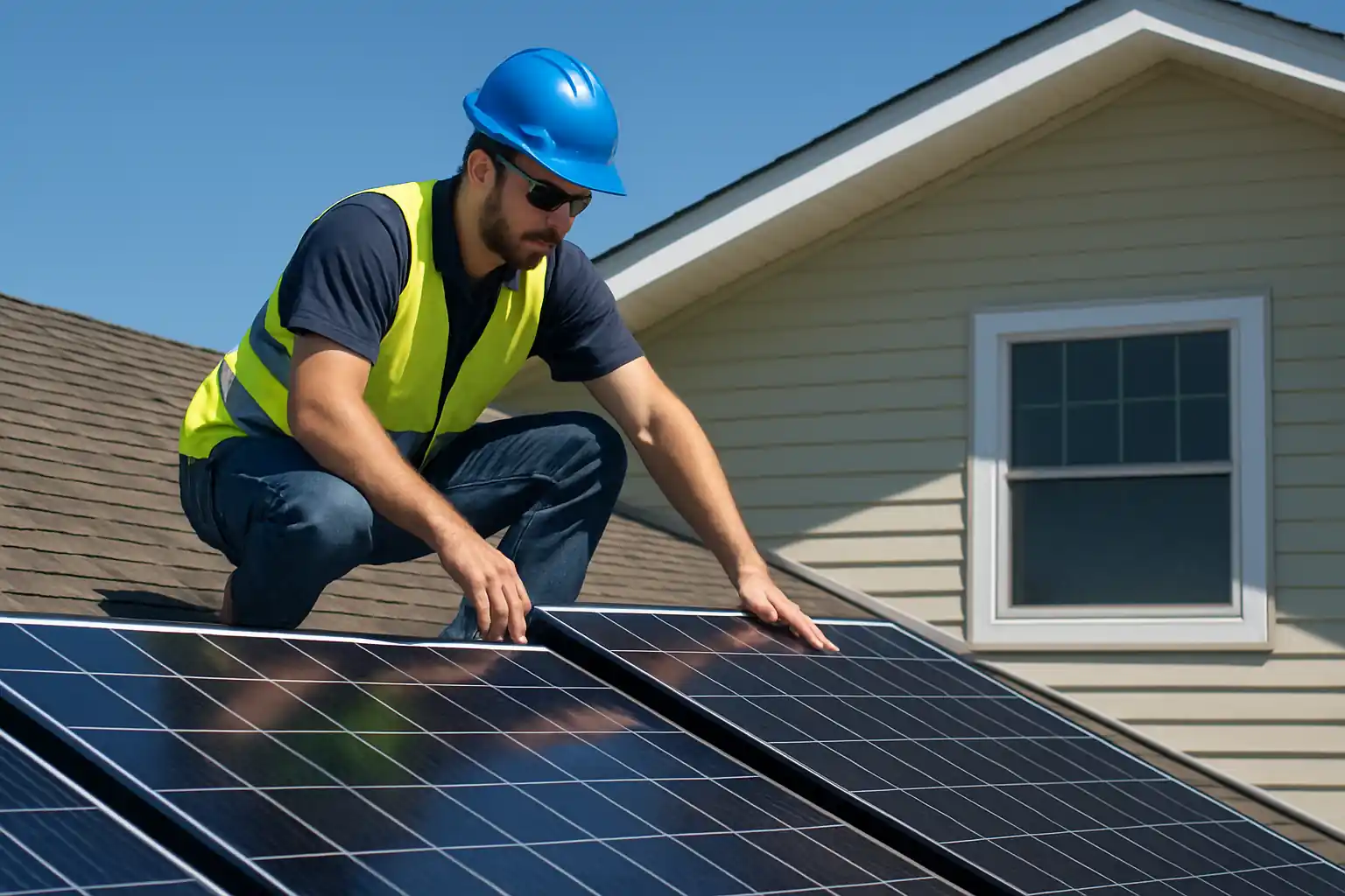 Technician installing rooftop solar panels on a suburban home, illustrating the benefits of residential solar loans for clean energy adoption.