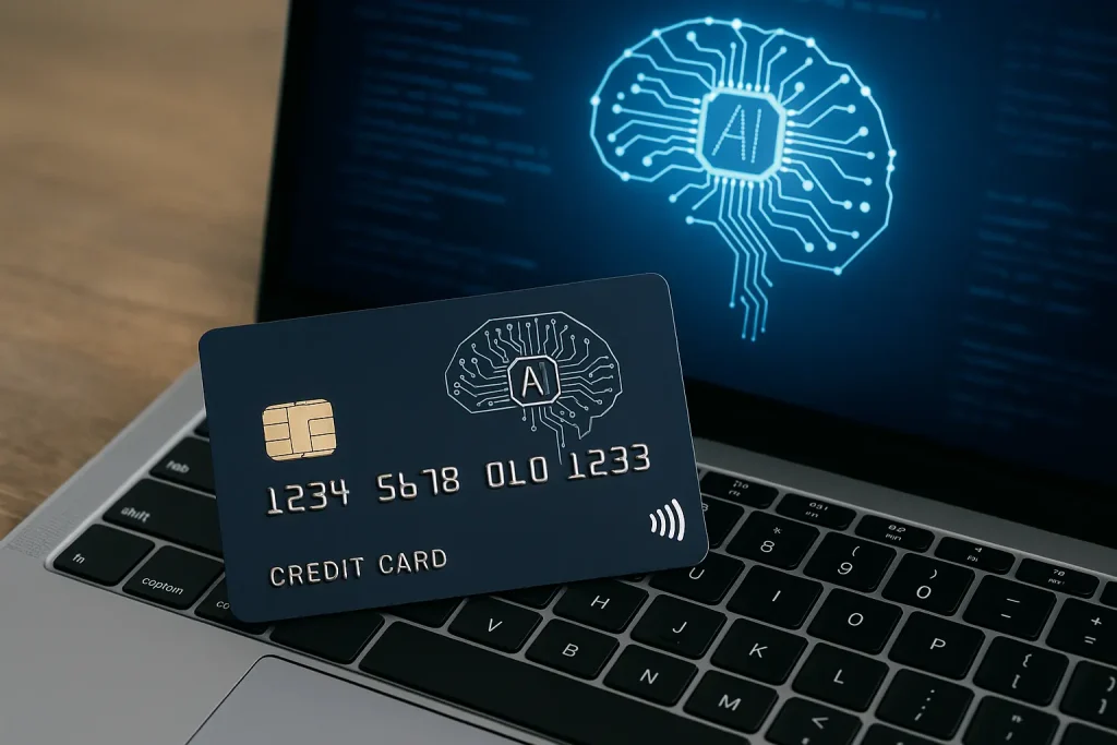 An AI credit card resting on a laptop with a glowing digital network, symbolizing smart financial management and real-time rewards in the US.
