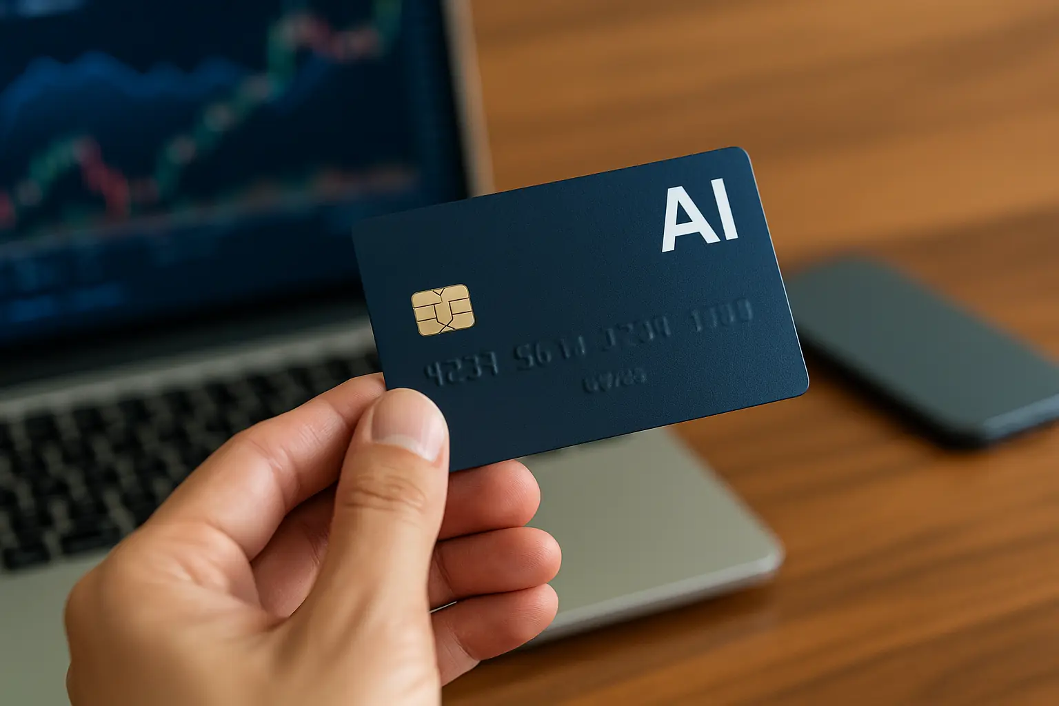 A person holding an AI credit card above a laptop, representing advanced technology and personalized finance solutions in the US.
