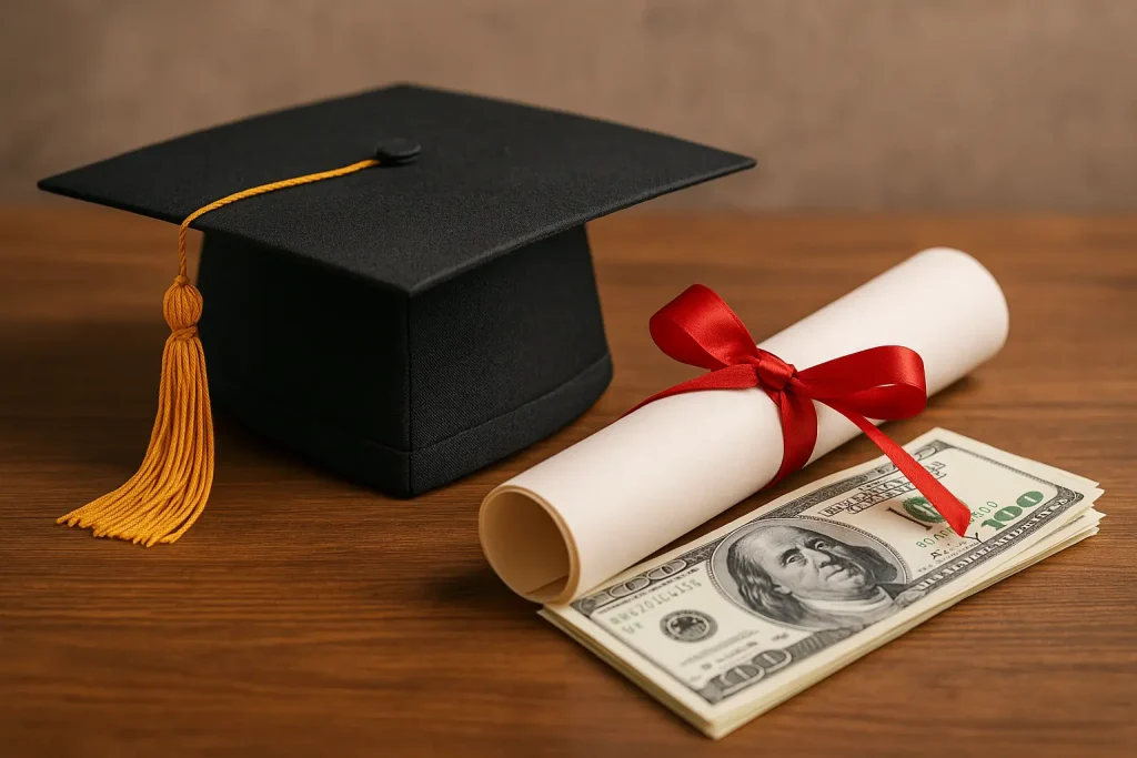 A graduation cap, diploma, and money symbolizing student loan forgiveness and future opportunities for borrowers in the U.S.