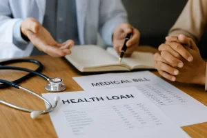 A financial advisor and patient reviewing documents about health loans for medical procedures in a modern clinic office.