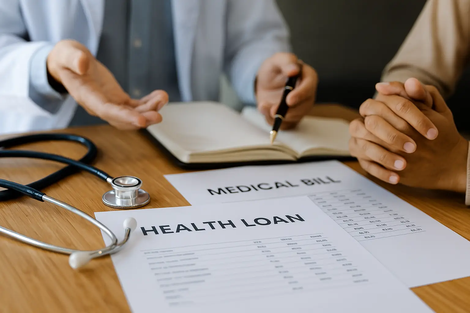 A financial advisor and patient reviewing documents about health loans for medical procedures in a modern clinic office.