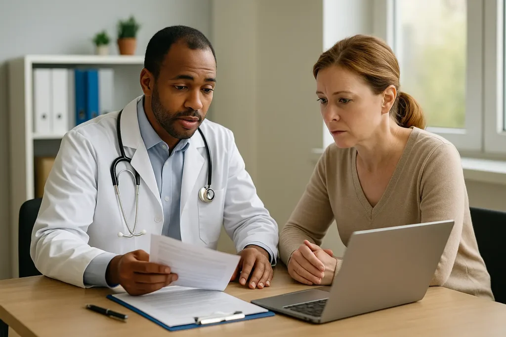 A doctor and patient discussing health loans and financing options for healthcare costs in a bright professional setting.