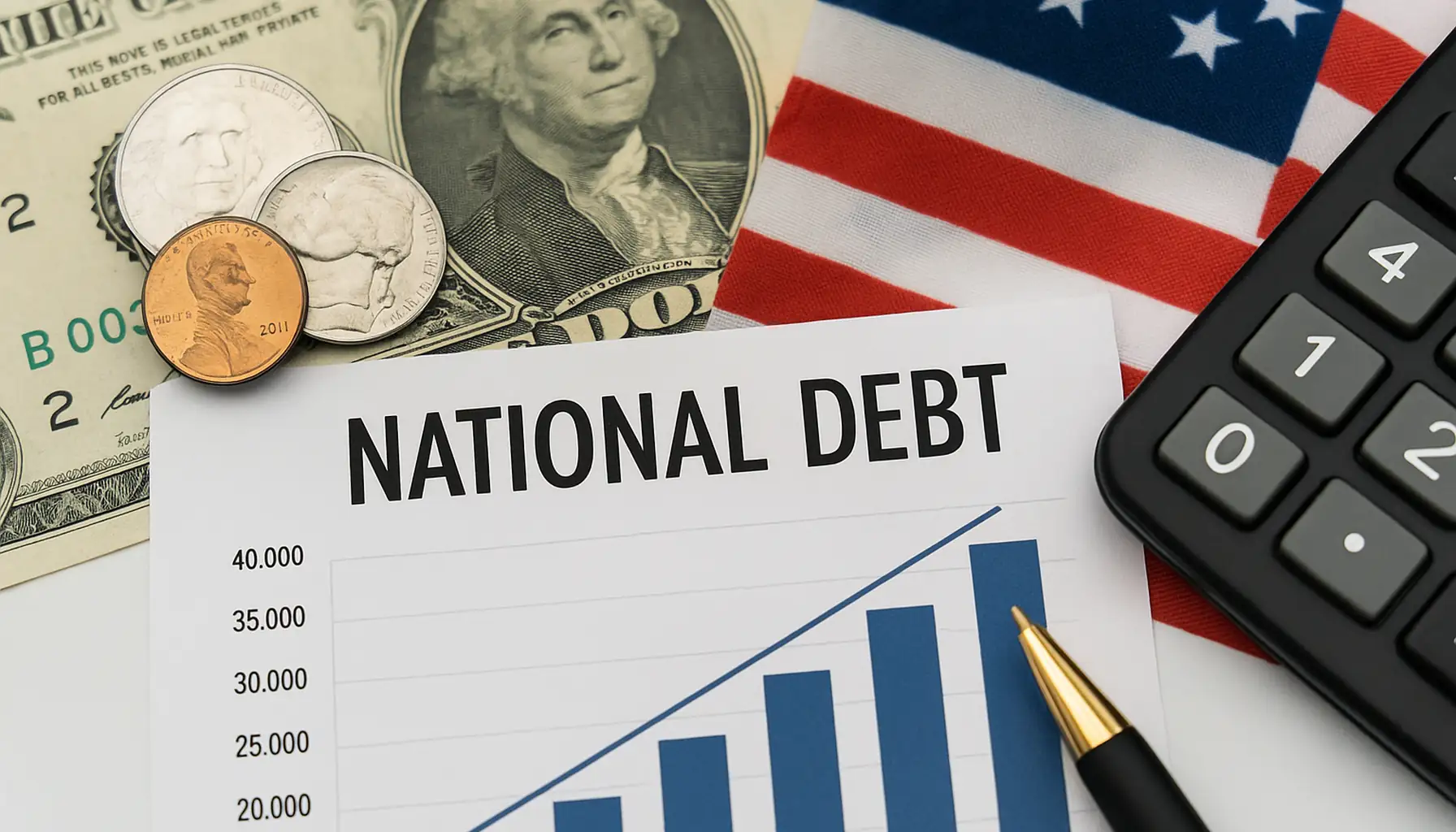 Realistic arrangement of American flag, calculator, and coins illustrating how U.S. national debt influences economic conditions in 2025.