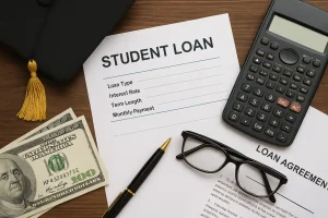 A close-up of financial documents, calculator, and glasses representing student loan management and refinancing plans in the U.S.