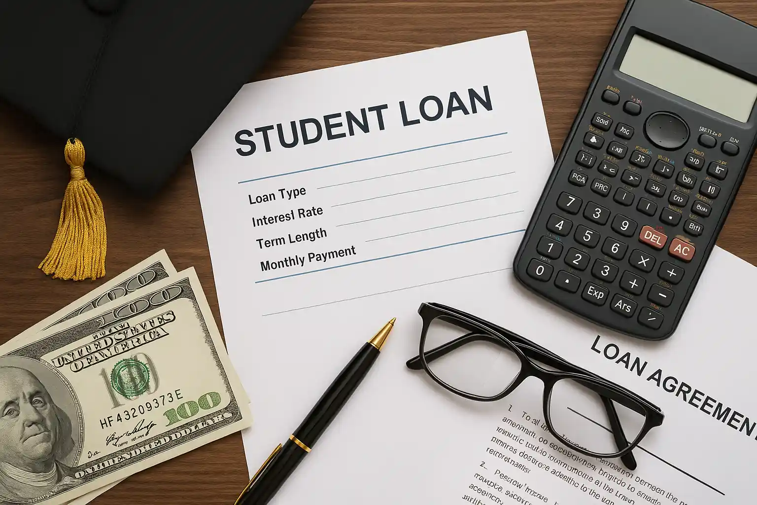 A close-up of financial documents, calculator, and glasses representing student loan management and refinancing plans in the U.S.