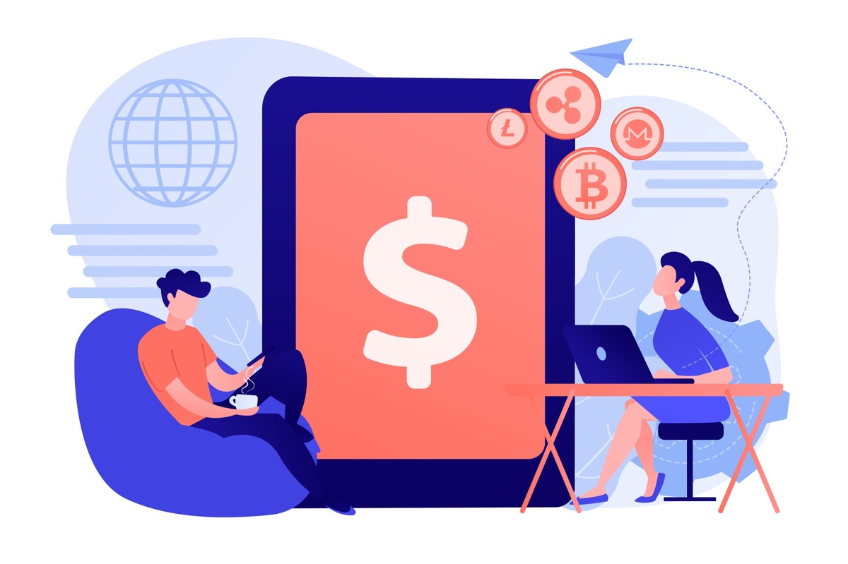 Illustration of two people using digital devices next to a giant tablet with a dollar sign and cryptocurrency icons such as Bitcoin and Litecoin, representing digital finance, crypto payments, and online money management.