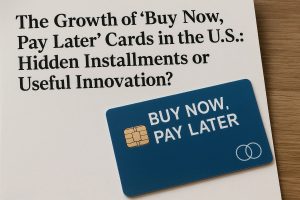 A photograph showing a printed page with the headline ‘The Growth of “Buy Now, Pay Later” Cards in the U.S.: Hidden Installments or Useful Innovation?’ in large black serif text. Resting on the lower right side of the page is a blue credit card-style mockup featuring a gold chip and the phrase ‘Buy Now, Pay Later’ written in white letters. The background includes a wooden surface partially visible beneath the page. This composition visually represents the rise of alternative payment methods in the U.S. and their connection to modern credit card innovations