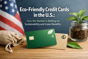 Eco-friendly credit card concept showing green and recycled-style credit card designs on a wooden table, with a small plant growing in a glass jar, a leaf symbol, and the U.S. flag in the background, representing how credit card companies in the United States are investing in sustainability and environmentally responsible benefits.