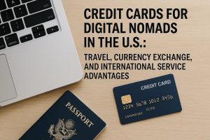 A neatly arranged scene showing items used by digital nomads, including a laptop, a U.S. passport, and a blue credit card placed on a wooden desk. The headline on the right side of the image reads “Credit Cards for Digital Nomads in the U.S.: Travel, Currency Exchange, and International Service Advantages.” The composition highlights global mobility and financial tools, with the credit card serving as the central element of the workspace.