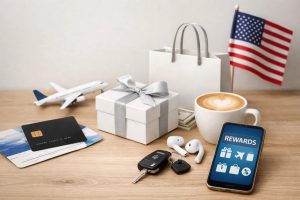 Modern lifestyle scene illustrating how credit card rewards programs are evolving in the United States, featuring a smartphone displaying a rewards app alongside a credit card, shopping bag, gift box, travel airplane model, and car keys on a wooden table. A cup of coffee and U.S. flag in the background reinforce everyday spending and national context, highlighting how credit card rewards increasingly combine travel, shopping, and digital benefits to enhance consumer experience.