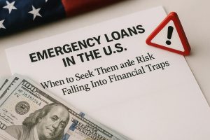 A photograph showing a printed document titled ‘Emergency Loans in the U.S.’ in bold black letters, followed by a subtitle that reads ‘When to Seek Them and the Risk of Falling Into Financial Traps.’ A small triangular red warning sign with an exclamation mark is placed on the upper right corner of the page, symbolizing caution. Partially visible at the bottom are several 100-dollar bills, while an American flag cloth appears blurred in the background. The composition visually highlights the urgency and potential dangers associated with emergency loans in the United States.