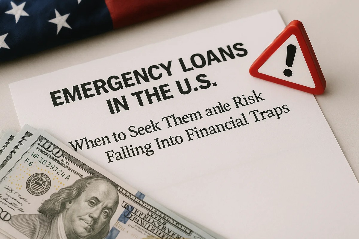 A photograph showing a printed document titled ‘Emergency Loans in the U.S.’ in bold black letters, followed by a subtitle that reads ‘When to Seek Them and the Risk of Falling Into Financial Traps.’ A small triangular red warning sign with an exclamation mark is placed on the upper right corner of the page, symbolizing caution. Partially visible at the bottom are several 100-dollar bills, while an American flag cloth appears blurred in the background. The composition visually highlights the urgency and potential dangers associated with emergency loans in the United States.