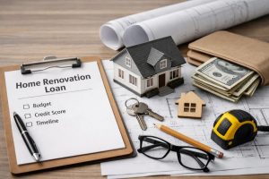 Home renovation planning scene showing a clipboard with a ‘Home Renovation Loan’ checklist, architectural blueprints, a model house, house keys, measuring tape, pencil, eyeglasses, and a wallet with cash on a wooden desk. The composition illustrates budgeting, credit score evaluation, and timelines associated with loans for home improvement projects.