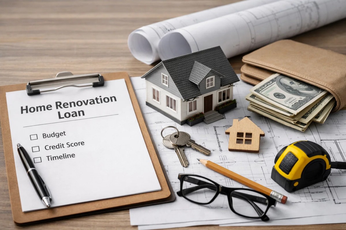 Home renovation planning scene showing a clipboard with a ‘Home Renovation Loan’ checklist, architectural blueprints, a model house, house keys, measuring tape, pencil, eyeglasses, and a wallet with cash on a wooden desk. The composition illustrates budgeting, credit score evaluation, and timelines associated with loans for home improvement projects.