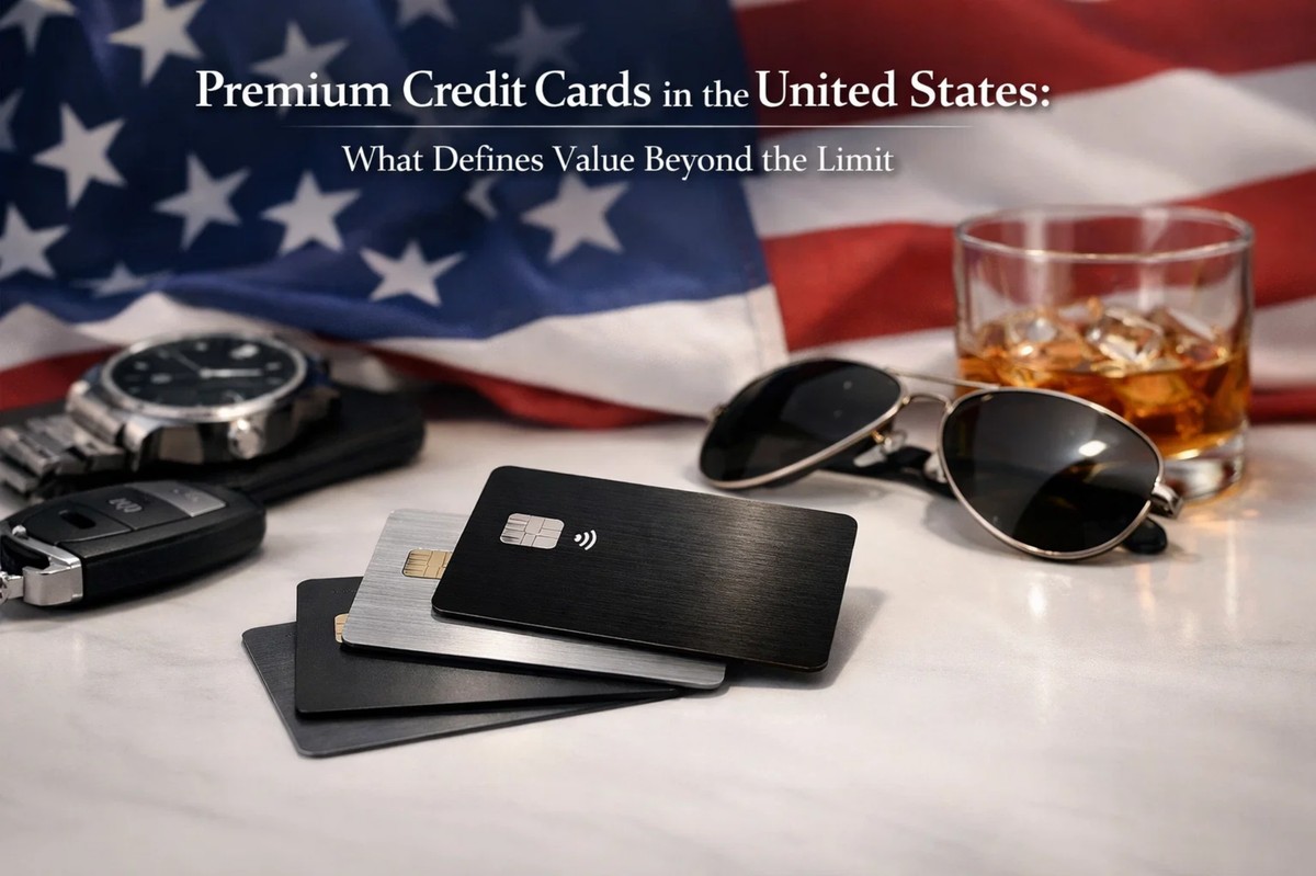 Premium credit card concept with sleek black and metallic cards displayed on a white surface alongside luxury accessories, including sunglasses, a wristwatch, car keys, and a glass of whiskey, with the U.S. flag in the background, illustrating the idea of premium credit card value beyond limits in the United States.