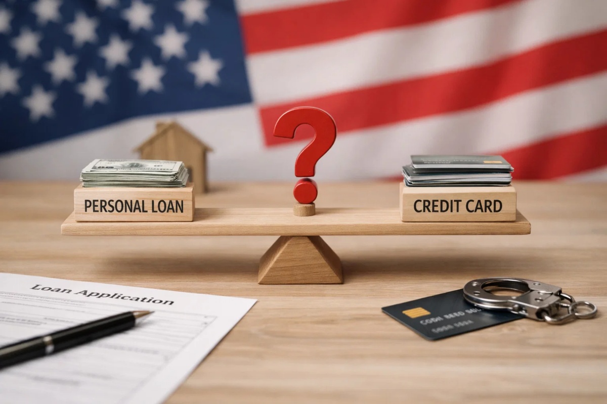 A balanced scale comparing personal loans and credit cards, with stacks of cash labeled “Personal Loan” on one side and credit cards labeled “Credit Card” on the other, a red question mark in the center, and an American flag in the background, illustrating the decision-making process between loans and credit options and how loans compare to credit cards for financial choices in the United States.