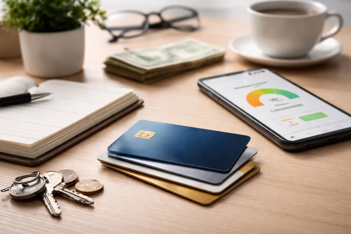 A high-resolution desk scene illustrating The Impact of Monthly Credit Card Usage on Financial Profiles in the U.S., featuring a stacked blue and gold credit card in sharp focus on a wooden table, surrounded by coins, keys, a notebook with pen, cash in the background, and a smartphone displaying a financial credit score gauge. The composition highlights personal finance management, responsible credit card usage, and how monthly spending behavior influences consumer credit profiles in the United States.