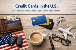 Flat lay composition illustrating credit card usage in the United States, featuring multiple credit card designs on a wooden table alongside a leather wallet with cash, a cup of coffee, car keys, house keys, eyeglasses, a pen, a small airplane model, and an American flag, symbolizing everyday spending habits, travel, and lifestyle associated with credit card ownership.