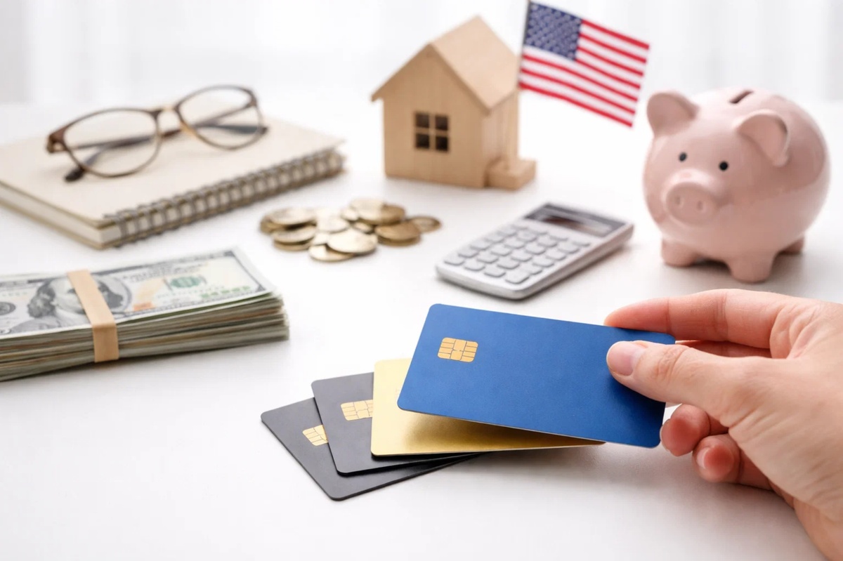 Credit card and financial education concept image illustrating responsible use of credit cards in the United States. A hand holds a blue credit card above a stack of other cards on a white desk, surrounded by US dollar bills, coins, a calculator, a notebook with glasses, a small house model, a piggy bank, and an American flag. The scene represents financial education, budgeting, savings, and responsible credit card management in the U.S.