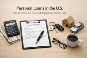 Loans concept illustrated by a loan agreement document on a clipboard with a pen, calculator, cash, house and car models, keys, and a cup of coffee on a desk, representing how loans in the U.S. involve evaluating the true cost beyond interest rates.