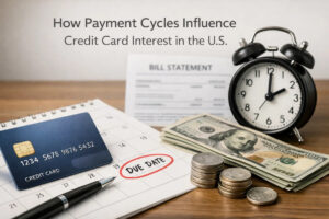 A financial-themed scene illustrating how payment cycles influence credit card interest in the U.S. On a wooden desk, a blue credit card lies next to a pen and a calendar page with a red-circled due date. In the background, a bill statement is slightly blurred, while a classic black alarm clock sits beside stacks of U.S. dollar bills and coins. The composition visually emphasizes the relationship between time, payment deadlines, and managing credit card interest, highlighting the importance of timely credit card payments in personal finance management.