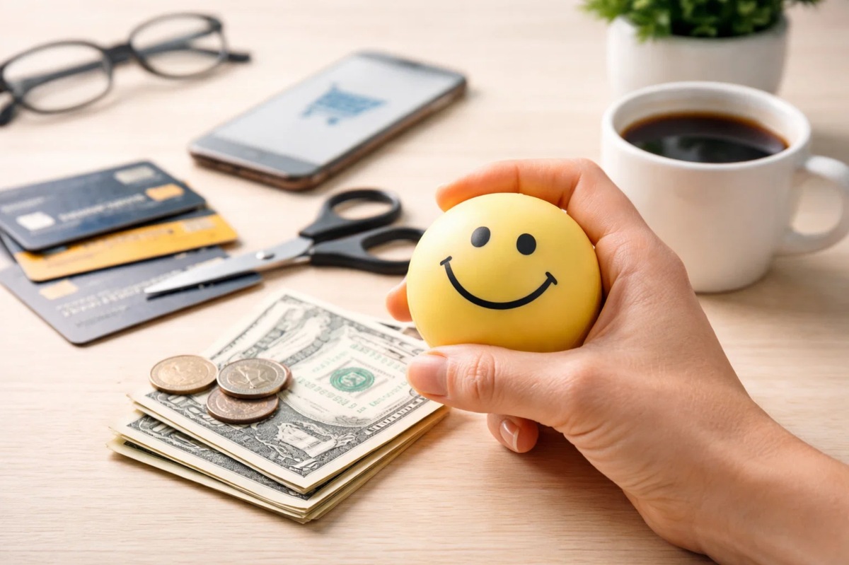 A close-up scene representing credit card use and emotional control in consumer spending in the U.S., showing a hand squeezing a yellow smiley-face stress ball above a stack of U.S. dollar bills and loose coins. In the background, several credit card options are placed next to a pair of scissors, symbolizing restraint or cutting back on credit card usage. A smartphone displaying a shopping cart icon, eyeglasses, and a cup of coffee complete the setting on a clean desk. The composition conveys the psychological tension between impulse spending and financial discipline, highlighting how emotions influence credit card decisions and personal finance management.