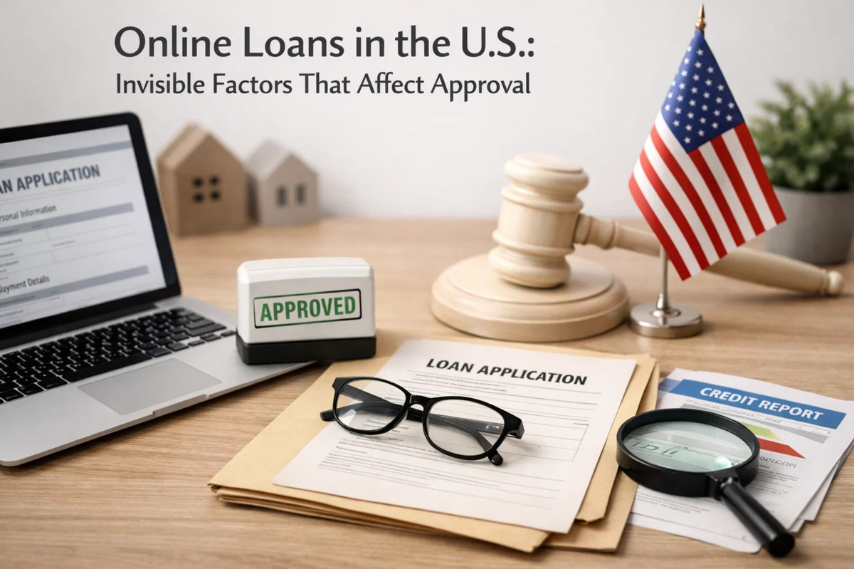 A workspace scene representing online loans in the United States. A laptop displays a loan application form next to an “APPROVED” stamp, while printed loan documents with eyeglasses rest on a folder. A magnifying glass highlights a credit report, and a judge’s gavel with a small U.S. flag appears in the background. The composition symbolizes the evaluation process and hidden factors involved in approving online loans.