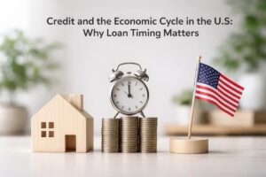 A conceptual financial image illustrating the relationship between the economic cycle and loans in the United States. On a clean surface, a small wooden house model stands beside neatly stacked coins topped with a classic alarm clock, symbolizing timing and interest rate cycles. A small U.S. flag on a wooden base reinforces the national context. The composition visually represents how economic conditions and timing influence loans, borrowing decisions, and long-term financial planning in the U.S. market.