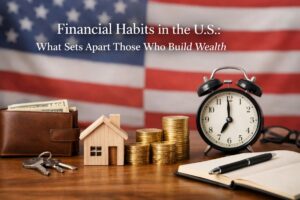 A close-up composition representing personal finances in the United States, featuring a blurred American flag in the background. In the foreground, a wooden table displays a leather wallet filled with cash, a set of house keys, a small wooden house model symbolizing homeownership, neatly stacked gold coins representing savings and investments, and a classic black alarm clock indicating time management. A notebook with a pen lies beside the clock, suggesting financial planning and goal setting. The scene visually conveys themes of wealth building, financial discipline, and long-term finances management.